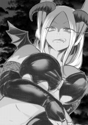 Rule 34 | 1girl, animal ears, boku no hero academia, breasts, bridal gauntlets, cleavage, dark-skinned female, dark skin, demon girl, elbow gloves, fangs, fangs out, gloves, greyscale, halloween costume, highres, horns, licking lips, looking at viewer, mirko, monochrome, nstime23, o-ring, o-ring top, parted bangs, rabbit ears, rabbit girl, slit pupils, solo, tongue, tongue out, upper body
