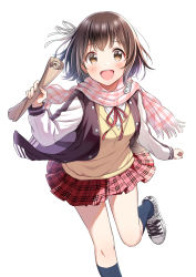 Rule 34 | 1girl, :d, black socks, blush, brown eyes, brown hair, brown jacket, commentary request, dress shirt, fringe trim, hair ribbon, highres, holding, jacket, kneehighs, letterman jacket, long sleeves, looking at viewer, neck ribbon, open clothes, open jacket, open mouth, original, plaid, plaid scarf, plaid skirt, pleated skirt, red ribbon, red skirt, ribbon, scarf, shirt, shoes, simple background, skirt, smile, sneakers, socks, solo, standing, sweater vest, teeth, upper teeth only, white background, white footwear, white ribbon, white scarf, white shirt, yatomi