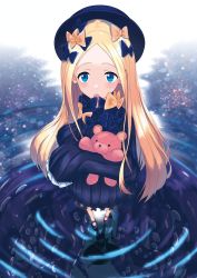 Rule 34 | 1girl, abigail williams (fate), absurdres, black bow, black dress, black footwear, black hat, blonde hair, blue eyes, blush, bow, bug, butterfly, commentary request, dress, fate/grand order, fate (series), forehead, hair bow, hat, highres, huge filesize, hugging object, insect, long hair, long sleeves, looking at viewer, mary janes, multiple hair bows, open mouth, orange bow, parted bangs, polka dot, polka dot bow, reflection, ripples, shoes, sleeves past fingers, sleeves past wrists, solo, standing, stuffed animal, stuffed toy, suction cups, teddy bear, tentacles, very long hair