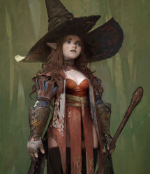 Rule 34 | 1girl, absurdres, belt, bracer, brown coat, brown hair, coat, cowboy shot, dress, fingerless gloves, forest, gloves, green background, hat, high belt, highres, holding, holding staff, layered clothes, long hair, long sleeves, lucaxu1991, multiple belts, nature, nose, open clothes, open coat, original, pointy ears, puff and slash sleeves, puffy sleeves, solo, staff, standing, thighhighs, wavy hair, witch, witch hat