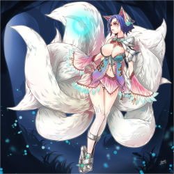 Rule 34 | 1girl, absurdres, ahri (league of legends), alternate hairstyle, animal ears, blue eyes, blue hair, blush, breasts, cleavage, detached sleeves, ejami, fox ears, fox tail, heart, heart-shaped pupils, highres, huge breasts, inari, large tail, league of legends, matching hair/eyes, multicolored eyes, multiple tails, pink eyes, short hair, solo, symbol-shaped pupils, tail, thighhighs