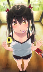 Rule 34 | !, !!, 1girl, artist name, barefoot, black hair, black shorts, blurry, blurry background, blush, brown eyes, closed mouth, depth of field, dropping, food, food in mouth, hair between eyes, hair ribbon, highres, indoors, long hair, looking at viewer, minamura haruki, mouth hold, original, pocky, pocky kiss, red ribbon, ribbon, shared food, shirt, short shorts, shorts, sidelocks, solo, spoken exclamation mark, standing, sweat, twintails, watermark, web address, white shirt, wooden floor