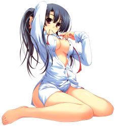 Rule 34 | 1girl, absurdres, adjusting hair, barefoot, black hair, blouse, blush, bottomless, breasts, buttons, character request, copyright request, full body, hair ribbon, highres, holding, holding own hair, long hair, mouth hold, naked shirt, no bra, no panties, open clothes, open shirt, red eyes, ribbon, shirt, simple background, sitting, smile, solo, tomose shunsaku, unbuttoned, wariza, white background