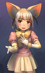 Rule 34 | 1girl, :d, animal ear fluff, animal ears, blonde hair, blunt bangs, bow, bowtie, brown eyes, commentary, cowboy shot, elbow gloves, fennec (kemono friends), fox ears, gloves, gradient gloves, hand on own chest, highres, kemono friends, looking at viewer, multicolored clothes, multicolored gloves, multicolored hair, open mouth, pleated skirt, pointing, pointing at viewer, puffy short sleeves, puffy sleeves, short sleeves, signature, skirt, smile, solo, two-tone hair, welt (kinsei koutenkyoku), white gloves, white hair, yellow bow, yellow bowtie, yellow gloves, yellow skirt