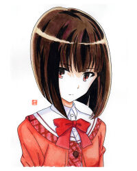 Rule 34 | artist name, blunt bangs, blunt ends, bob cut, bow, bowtie, breasts, brown hair, commentary, dated commentary, dress, expressionless, light frown, looking at viewer, pink dress, plaid, plaid dress, red bow, red bowtie, red eyes, sasami-san@ganbaranai, short hair, signature, simple background, small breasts, traditional media, two-tone dress, very short hair, white background, white dress, y takeshinu wan, yagami kagami