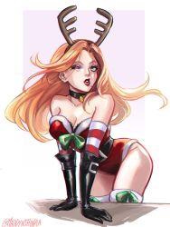 Rule 34 | 1girl, artist name, bare shoulders, bent over, black choker, black gloves, blonde hair, breasts, choker, christmas, cleavage, collarbone, elbow gloves, gloves, green eyes, highres, katarina (league of legends), league of legends, leotard, long hair, medium breasts, official alternate costume, one eye closed, parted lips, red leotard, red sleeves, scar, scar across eye, shinaa (maddynshinaa), slay belle katarina, solo, striped, striped sleeves, teeth, thighhighs, white sleeves