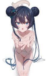 Rule 34 | 1girl, betabeet, black hair, blue archive, braid, braided bun, butterfly hair ornament, cleft of venus, collarbone, completely nude, double bun, groin, hair bun, hair ornament, halo, highres, kisaki (blue archive), long hair, navel, nude, open mouth, pussy, simple background, solo, twintails, white background