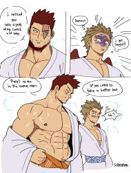 Rule 34 | 2boys, 2koma, absurdres, bara, bare pectorals, boku no hero academia, comic, cropped legs, endeavor (boku no hero academia), english text, hawks (boku no hero academia), highres, japanese clothes, kimono, large pectorals, long sideburns, male focus, mature male, multiple boys, muscular, muscular male, navel hair, nipples, open clothes, open kimono, pectoral cleavage, pectorals, scar, scar across eye, scar on face, short hair, sideburns, spiked hair, suyohara, sweat, turn pale, undressing, white kimono, wide-eyed, yaoi