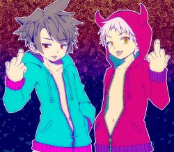 Rule 34 | 2boys, blush, bottomless, child, hood, hoodie, male focus, middle finger, multiple boys, navel, oginy, parka, short hair, simple background, tongue, tongue out