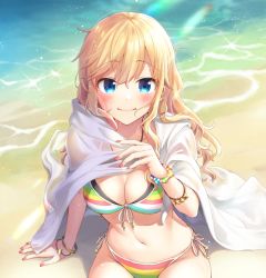 Rule 34 | 1girl, arm support, beach, bead bracelet, beads, bekkourico, bikini, blonde hair, blue eyes, blush, bracelet, breasts, cleavage, closed mouth, day, fingernails, front-tie top, holding, idolmaster, idolmaster cinderella girls, jewelry, large breasts, lens flare, long hair, looking at viewer, nail polish, navel, necklace, ohtsuki yui, outdoors, red nails, shawl, side-tie bikini bottom, sidelocks, sitting, smile, solo, star (symbol), stomach, striped bikini, striped clothes, sunlight, swimsuit, water, wavy hair, white neckwear