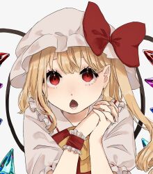 Rule 34 | 1girl, :o, blonde hair, bow, commentary request, crystal, eyebrows hidden by hair, fangs, flandre scarlet, hair behind ear, hands up, hat, hat bow, highres, karura 2344, long hair, looking at viewer, mob cap, open mouth, own hands clasped, own hands together, pointy ears, puffy short sleeves, puffy sleeves, red bow, red eyes, short sleeves, solo, touhou, upper body, white hat, wings