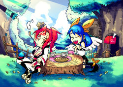 Rule 34 | 2girls, amputee, asymmetrical wings, baiken, bird, blue hair, breasts, cleavage, cookie, cup, dizzy (guilty gear), closed eyes, food, guilty gear, guilty gear x, guilty gear xx, japanese clothes, kimono, large breasts, long hair, mailbox, medium breasts, multiple girls, one-eyed, open clothes, open kimono, pink eyes, pink hair, smoking pipe, ponytail, ribbon, scar, scar across eye, scar on face, setz, squirrel, table, tail, tail ornament, tail ribbon, tea party, teacup, teapot, tree, tree stump, treehouse, wings