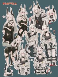 Rule 34 | 1girl, absurdres, arknights, bare shoulders, black shorts, black tank top, blue background, breasts, diamond hair ornament, full body, highres, hood, hood down, hood up, horns, jacket, jumpsuit, large breasts, long hair, mask, material growth, mudrock (arknights), multiple views, odmised, off shoulder, oripathy lesion (arknights), pointy ears, red eyes, shorts, sidelocks, simple background, speech bubble, spoken blush, tank top, upper body, white hair, white jacket, white jumpsuit