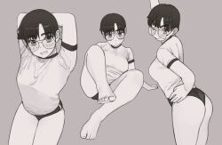 Rule 34 | 1girl, arms behind head, arms up, ass, barefoot, blush, breasts, buruma, closed mouth, feet, glasses, grin, gym shirt, gym uniform, highres, looking at viewer, medium breasts, monamin, multiple views, original, parted lips, shirt, short hair, short sleeves, smile, solo, teeth, underwear