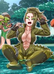 Rule 34 | ;d, american alligator (kemono friends), bad id, bad twitter id, black gloves, boots, braid, breasts, center opening, chain, cleavage, collarbone, crocodilian tail, day, eyes visible through hair, eyeshadow, fang, fingerless gloves, gloves, green eyeshadow, green jacket, green pants, haegiwa gonbee, jacket, kemono friends, large breasts, long hair, makeup, navel, no bra, one eye closed, open mouth, orange eyes, outdoors, pants, ponytail, sitting, smile, solo focus, spikes, tail, water gun, wet