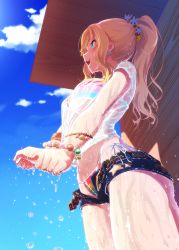 Rule 34 | 10s, 1girl, bikini, bikini under clothes, blonde hair, blue eyes, blush, bracelet, breasts, cloud, commentary request, day, drying, drying clothes, duplicate, hakkaku shikimi, highres, idolmaster, idolmaster cinderella girls, jewelry, large breasts, long hair, looking away, ohtsuki yui, open mouth, ponytail, profile, see-through, shadow, short shorts, shorts, smile, solo, standing, striped bikini, striped clothes, swimsuit, swimsuit under clothes, water, wet, wet clothes