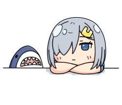 Rule 34 | 1girl, blue eyes, commentary request, crossed arms, grey hair, hair ornament, hair over one eye, hairclip, hama! (3toshinhmkz), hamakaze (kancolle), kantai collection, no nose, short hair, simple background, solo, stuffed animal, stuffed shark, stuffed toy, upper body, white background