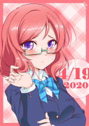 Rule 34 | 1girl, absurdres, artist name, artist request, bb/bj, blue bow, blue bowtie, blue jacket, blush, bow, bowtie, breasts, bunji, female focus, glasses, hair between eyes, highres, jacket, kneehighs, long sleeves, looking at viewer, love live!, love live! school idol project, nishikino maki, otonokizaka school uniform, purple eyes, red hair, school uniform, shirt, short hair, small breasts, smile, socks, solo, striped bow, striped bowtie, striped clothes, swept bangs, white shirt