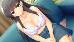Rule 34 | 1girl, absurdres, bare legs, barefoot, blue eyes, blue skirt, bow, bow bra, bra, breasts, brown hair, cleavage, collarbone, couch, dutch angle, earrings, grin, highres, indoors, jewelry, large breasts, long hair, looking at viewer, original, pink bow, sawaki natsumi (studio yama roman), sitting, skirt, smile, solo, studio yama roman, underwear