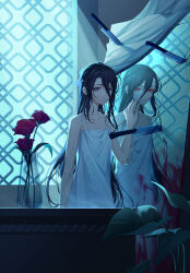 Rule 34 | 2girls, absurdres, alternate eye color, black eyes, black hair, blood, blood on mirror, bloody knife, broken mirror, closed mouth, commentary, cowboy shot, dark persona, different reflection, dress, erchongbaojun, flower, hair between eyes, hand up, highres, indoors, jitome, knife, long hair, looking at viewer, mirror, multiple girls, original, plant, red eyes, red flower, reflection, slit pupils, spaghetti strap, symbol-only commentary, vase, very long hair, white dress