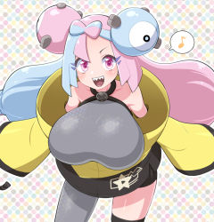 Rule 34 | 1girl, alternate breast size, bow-shaped hair, breasts, character hair ornament, creatures (company), game freak, grey pantyhose, hair ornament, hexagon print, iono (pokemon), jacket, large breasts, long hair, low-tied long hair, nintendo, oversized clothes, pantyhose, pokemon, pokemon sv, sharp teeth, shirt, single leg pantyhose, sleeveless, sleeveless shirt, sleeves past fingers, sleeves past wrists, solo, star (symbol), star in eye, symbol in eye, teeth, torathi, very long sleeves, x, yellow jacket