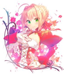 Rule 34 | 10s, 1girl, ahoge, artoria pendragon (all), artoria pendragon (fate), blonde hair, blush, bow, breasts, cleavage, dress, fate/extra, fate/extra ccc, fate (series), green eyes, hair bow, hair intakes, hair ribbon, long hair, long sleeves, looking at viewer, mitsumomo mamu, nero claudius (fate), nero claudius (fate) (all), nero claudius (fate/extra), red bow, red dress, red ribbon, ribbon, saber (fate), smile, solo