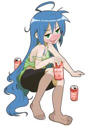 Rule 34 | 1girl, absurdres, ahoge, alcohol, alpha transparency, areola slip, beer, beer can, bike shorts, blue hair, breasts, brown socks, camisole, can, commentary, death by lolis, drink can, drunk, english commentary, green camisole, green eyes, highres, izumi konata, kneehighs, long hair, lucky star, meme, messy hair, sitting, small breasts, socks, solo, strap slip, tongue, tongue out, transparent background, uohhhhhhhhh! (meme), very long hair, yokozuwari