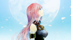 Rule 34 | 1girl, armlet, bare shoulders, blue eyes, female focus, full moon, gyouya, highres, long hair, looking up, megurine luka, moon, neck, petals, pink hair, planet, profile, sleeveless, smile, solo, upper body, vocaloid
