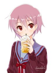 Rule 34 | 1girl, artist name, blue sailor collar, brown cardigan, brown eyes, cardigan, cup, disposable cup, drink, drinking, drinking straw, drinking straw in mouth, expressionless, hair between eyes, highres, holding, holding drink, kita high school uniform, letterboxed, long sleeves, looking at viewer, nagato yuki, nanabuluku, open cardigan, open clothes, photo background, purple hair, red ribbon, ribbon, sailor collar, school uniform, serafuku, short hair, simple background, solo, suzumiya haruhi no yuuutsu, upper body, watermark, white background