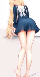 Rule 34 | 1girl, absurdres, arm support, ass, bare legs, barefoot, blonde hair, blue dress, dress, facing away, from behind, highres, leaning forward, long hair, long sleeves, omoomomo, original, ribbon, short dress, solo, standing, thighs, twintails, white ribbon