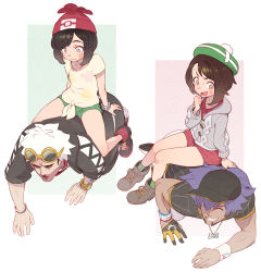 Rule 34 | 2boys, 2girls, :d, all fours, arm tattoo, baseball cap, beanie, black jacket, blush, bob cut, boots, brown eyes, brown footwear, brown hair, buttons, cable knit, cardigan, champion uniform, closed mouth, collared dress, commentary request, creatures (company), dark-skinned male, dark skin, dress, dynamax band, eyewear on head, facial hair, floral print, game freak, gloria (pokemon), gloves, green headwear, green legwear, green shorts, grey cardigan, guzma (pokemon), hat, hood, hooded cardigan, hooded jacket, jacket, knees, leon (pokemon), long hair, multiple boys, multiple girls, nintendo, open mouth, partially fingerless gloves, plaid, plaid legwear, pokemon, pokemon sm, pokemon swsh, purple hair, red headwear, selene (pokemon), shirt, shoes, short hair, short shorts, short sleeves, shorts, single glove, sitting, smile, sneakers, socks, sunglasses, t-shirt, tam o&#039; shanter, tattoo, team skull, ter (otokoter), tied shirt, tongue, wavy mouth, white hair, yellow-framed eyewear