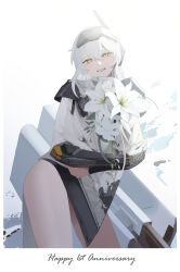 Rule 34 | 1girl, anniversary, armor, cloak, contrapposto, flower, goddess of victory: nikke, grin, guriddopitto, highres, holding, holding flower, light blush, lily (flower), long hair, looking at viewer, mechanical arms, shoulder armor, single mechanical arm, smile, snow white (nikke), solo, visor (armor), white cloak, white hair, yellow eyes