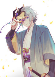 Rule 34 | 1boy, absurdres, blue eyes, chinese clothes, csyday, fate/grand order, fate (series), grey hair, hair between eyes, hanfu, highres, holding, holding mask, holding sword, holding weapon, horned mask, looking at viewer, male focus, mask, unworn mask, prince of lan ling (fate), solo, sword, weapon