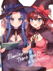 Rule 34 | 2girls, :3, absurdres, black cape, black gloves, black headwear, blue bow, blue eyes, blue hair, book, bottle, bow, braid, breasts, brown hair, cape, commentary, commission, drawstring, dress, english commentary, fate/grand order, fate (series), gloves, hair between eyes, hand on own hip, hat, hat bow, heart, highres, holding, holding book, holding bottle, ichinose shiki, idolmaster, idolmaster cinderella girls, kudou (sikisiki0000), long hair, looking at viewer, medea (fate), medium breasts, multiple girls, nail polish, parted bangs, pink dress, pointy ears, pot, purple dress, purple nails, red bow, side braid, sweatdrop, twitter username, very long hair, witch hat