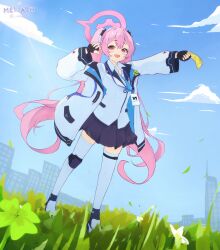 Rule 34 | + +, 1girl, absurdres, artist name, black gloves, blue archive, blue necktie, blue skirt, blue sky, blush stickers, cloud, clover, collared shirt, commentary, day, dutch angle, english commentary, fang, fingerless gloves, four-leaf clover, gloves, grass, halo, highres, holding, holding money, jacket, knee pads, koyuki (blue archive), lanyard, long hair, looking at viewer, meliachfunni, money, necktie, open mouth, outdoors, pink eyes, pink hair, pleated skirt, shirt, single knee pad, skin fang, skirt, sky, smile, solo, sunlight, thighhighs, twintails, twitter username, very long hair, white footwear, white jacket, white shirt, white thighhighs