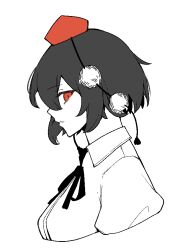 Rule 34 | 1641 (chfhrtor94), 1girl, black ribbon, breasts, closed mouth, collared shirt, commentary request, flat color, from side, hat, looking at viewer, medium breasts, neck ribbon, pom pom (clothes), puffy short sleeves, puffy sleeves, red eyes, red hat, ribbon, shameimaru aya, shirt, short hair, short sleeves, simple background, solo, tokin hat, touhou, white background, white shirt