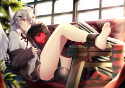Rule 34 | 1girl, :o, ankle cuffs, bad id, bad pixiv id, ball, barefoot, brown skirt, cage, chain, couch, cuffs, feet, grey hair, halo, heart, highres, legs, long sleeves, looking at viewer, off shoulder, original, parted lips, pixel heart, pleated skirt, red eyes, red ribbon, ribbon, shackles, shirotaka (5choume), short hair, single sock, skirt, socks, soles, solo, toes, wings