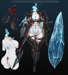 Rule 34 | 1girl, armor, artist request, ass, bikini armor, blue fire, breasts, c-string, dullahan, fire, ghost, glowing tattoo, headless, heart, heart tattoo, highres, large breasts, monster girl, pubic tattoo, pussy shield, strapless bottom, tagme, tattoo, undead, weapon