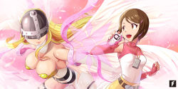 Rule 34 | 2girls, angel, angewomon, belt, blonde hair, breasts, brown eyes, brown hair, camera, cleavage, covered eyes, digimon, digimon (creature), digimon adventure 02, eye contact, fingerless gloves, gloves, head wings, helmet, large breasts, long hair, looking at another, multiple girls, nail polish, open mouth, shirt, short hair, sleeveless, sleeveless shirt, small breasts, tagme, teng zhai zi, wings, yagami hikari, yellow eyes