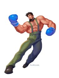 Rule 34 | 1boy, bara, beard, black hair, boxing gloves, commission, cosplay request, danny (felixnosi), enydimon, facial hair, full beard, full body, large pectorals, looking to the side, male focus, mature male, muscular, muscular male, nipples, original, pants, pectorals, short hair, solo, sparse chest hair, suspenders, thick eyebrows, topless male, wrestler