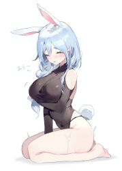 Rule 34 | 1girl, absurdres, animal ears, arm under breasts, barefoot, black bodysuit, blue hair, blush, bodysuit, bow, braid, breasts, closed eyes, clothing cutout, hair bow, highres, hololive, large breasts, long hair, mature female, meunhongcha, multicolored hair, parted lips, pekomama, rabbit ears, rabbit girl, rabbit tail, red eyes, shoulder cutout, simple background, single braid, sitting, solo, sweat, tail, virtual youtuber, white background, white bow, white hair