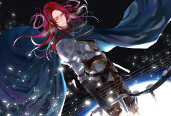 Rule 34 | 1boy, armor, bishounen, black gloves, bow (weapon), cloak, failnaught (fate), fate/grand order, fate (series), fur trim, gloves, harp, holding, holding weapon, instrument, knight, long hair, long sleeves, looking at viewer, male focus, red hair, solo, standing, tristan (fate), twitter username, unusually open eyes, weapon, white cloak, yat573, yellow eyes