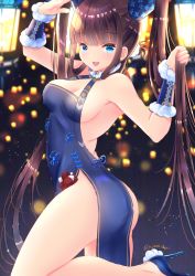 Rule 34 | 1girl, armpits, ass, bare shoulders, blue dress, blue eyes, blue footwear, blunt bangs, blush, breasts, china dress, chinese clothes, cleavage, detached sleeves, dress, fate/grand order, fate (series), fujimori shiki, hair ornament, hands up, high heels, highres, lantern, large breasts, long hair, looking at viewer, open mouth, purple hair, sidelocks, smile, solo, thighs, twintails, very long hair, yang guifei (fate), yang guifei (second ascension) (fate)