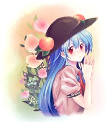 Rule 34 | 1girl, bad id, bad pixiv id, blue hair, blush, flower, hat, highres, hinanawi tenshi, long hair, pomicon, red eyes, solo, touhou