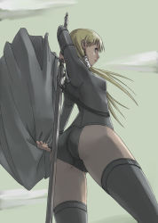 Rule 34 | 00s, 1girl, ass, bad id, bad pixiv id, blonde hair, cape, claymore (series), claymore (sword), cynthia (claymore), long hair, looking back, low twintails, solo, sword, tea (nakenashi), thighhighs, twintails, weapon