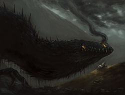 Rule 34 | commentary, dragon, english commentary, glaurung, glowing, glowing eyes, grass, nienor, outdoors, rirth, signature, smoke, the silmarillion, tolkien&#039;s legendarium, tolkien's legendarium, wide shot