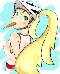 Rule 34 | 10s, 1girl, blonde hair, breasts, creatures (company), food, game freak, green eyes, gym leader, helmet, korrina (pokemon), nintendo, nipples, pokemon, pokemon xy, ponytail, popsicle, see-through, shirt, solo, two side up, wet, wet clothes, wet shirt