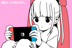 Rule 34 | 1girl, blunt bangs, blush, chair, character name, closed mouth, commentary request, dot nose, english text, gaming chair, hair ornament, hair scrunchie, handheld game console, highres, hitoribocchi no marumaru seikatsu, holding, holding handheld game console, honshou aru, katsuwo (cr66g), long hair, long sleeves, nintendo switch, on chair, partially colored, pink background, playing games, scrunchie, sidelocks, simple background, sitting, solo, swivel chair