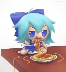 Rule 34 | 1girl, ahoge, blue dress, blue eyes, blue hair, cirno, dress, eating, eyebrows hidden by hair, food, fork, fumo (doll), hair between eyes, highres, holding, holding fork, pasta, short hair, simple background, skullchimes, solo, spaghetti, touhou, v-shaped eyebrows, white background
