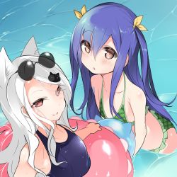 Rule 34 | 2girls, animal ears, bikini, blue hair, blue one-piece swimsuit, bow, brown eyes, cat ears, cat hair ornament, charle (fairy tail), closed mouth, collarbone, eyewear on head, fairy tail, flat chest, green bikini, hair between eyes, hair bow, hair ornament, innertube, long hair, mikagelove, multiple girls, one-piece swimsuit, open mouth, plaid, plaid bikini, red eyes, school swimsuit, silver hair, smile, sunglasses, swept bangs, swim ring, swimsuit, twintails, very long hair, water, wendy marvell, yellow bow